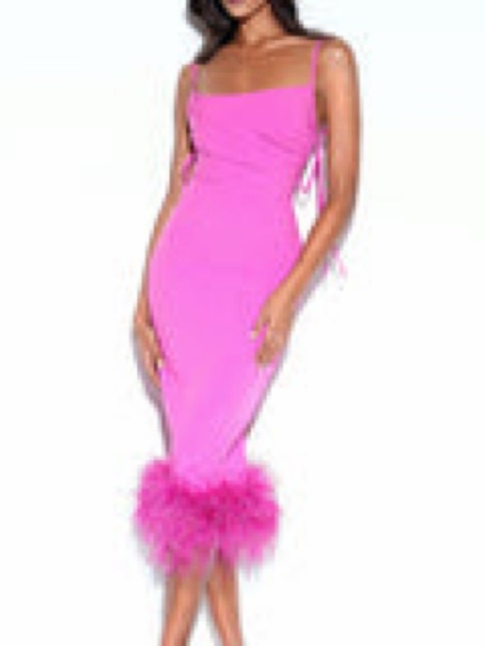 Hot Pink Cowl-Neck Midi Dress with Feather Hem
